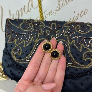 90s Vintage Gold Rope Black Button Earrings